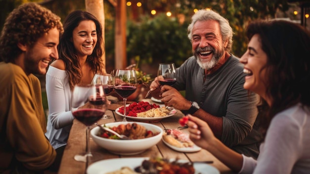 Jantar de família feliz e degustar copos de vinho vermelho em uma festa de churrasco