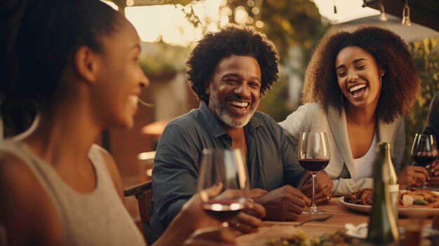 Jantar de família feliz e degustar copos de vinho vermelho em uma festa de churrasco