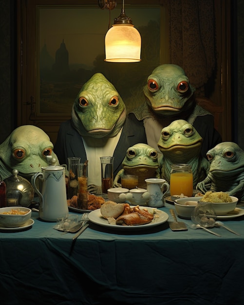 Foto jantar de família onde todos os membros têm cabeças de sapo.