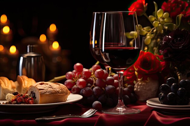 Foto jantar de gala com um copo de vinho vermelho colocado na mesa