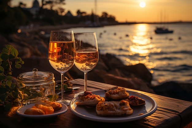 Jantar de lua de mel ao pôr do sol na praia com mesa posta para dois luxuosos champagnepi