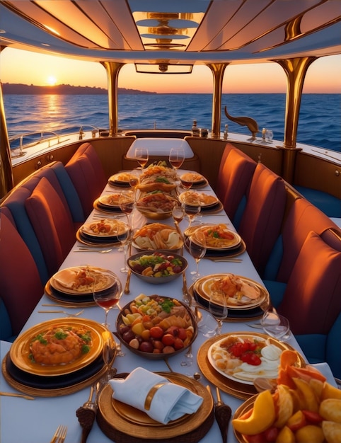 Jantar de luxo com vários pratos num iate com todas as comodidades do mar.