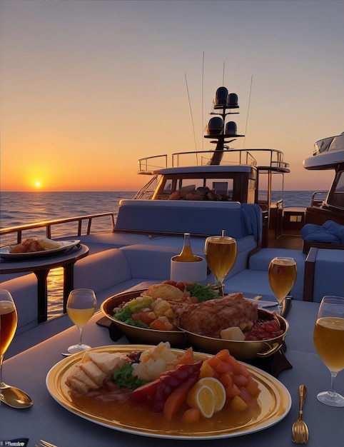 Jantar de luxo com vários pratos num iate com todas as comodidades do mar.