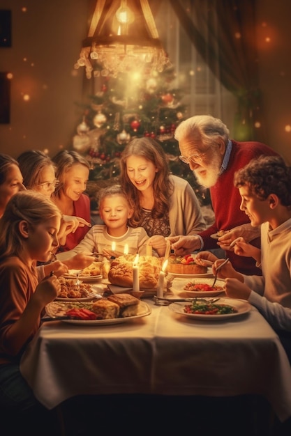 Foto jantar de natal festa de santa claus com crianças e famílias dando presentes fotografia