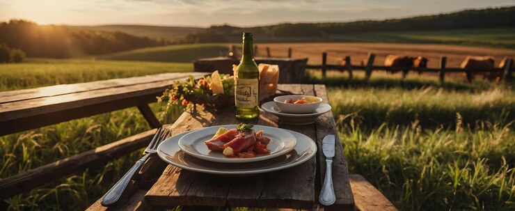 Foto jantar de pôr-do-sol sereno na fazenda sabores frescos e calorosa hospitalidade na zona rural conceito fotográfico de encontro