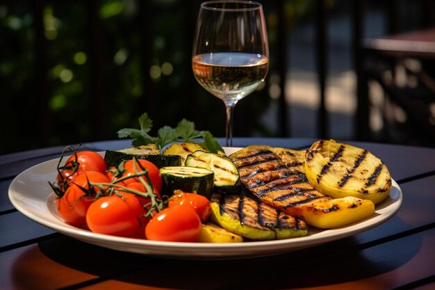 Foto jantar delicioso com legumes grelhados e vinho