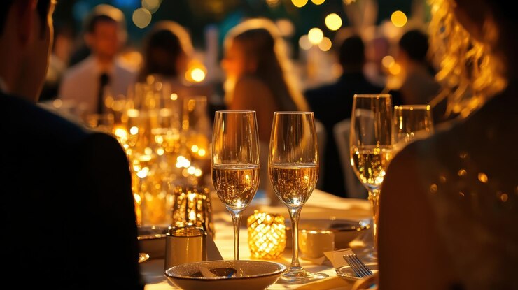 Foto jantar elegante à noite com copos de vinho espumante e iluminação ambiente suave criando um ambiente quente e intenso
