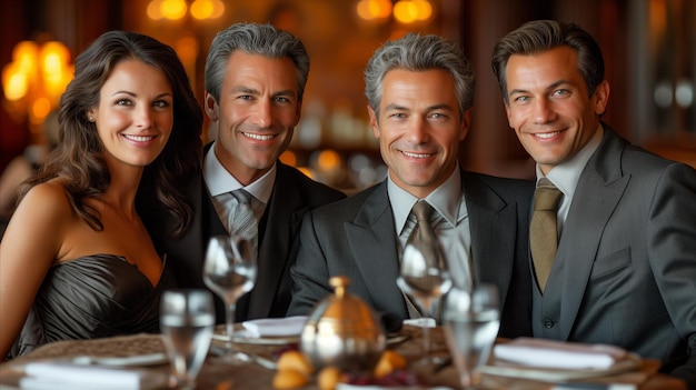 Jantar elegante com amigos felizes desfrutando de um jantar requintado