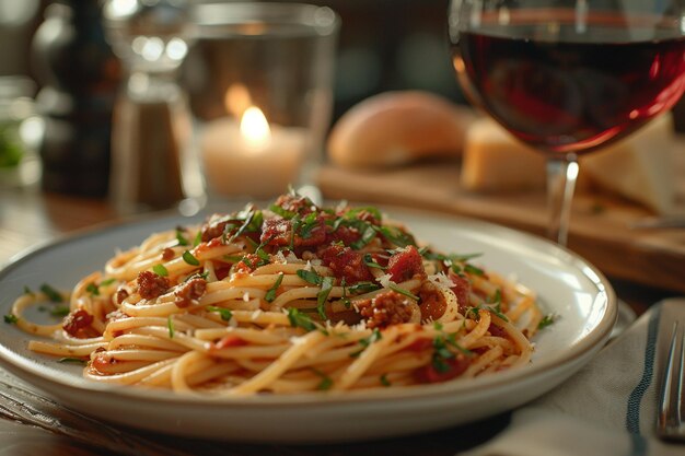 Jantar familiar de espaguete bolognese aconchegante