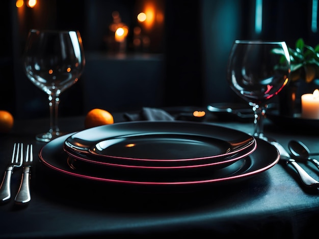 Jantar preto colocando pratos vazios em fundo escuro