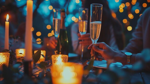 Foto jantar romântico à luz de velas para casal, mesa montada à noite, homem e mulher segurando um copo de champanhe.