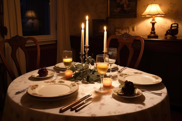 Jantar romântico à luz de velas para dois com porcelana fina e talheres