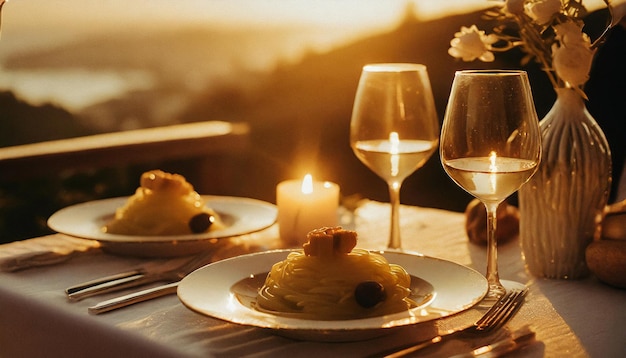 Jantar romântico com copos de vinho e velas no terraço ao pôr do sol