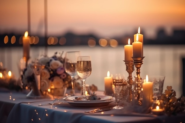 Foto jantar romântico com velas acesas e vinho ao anoitecer.