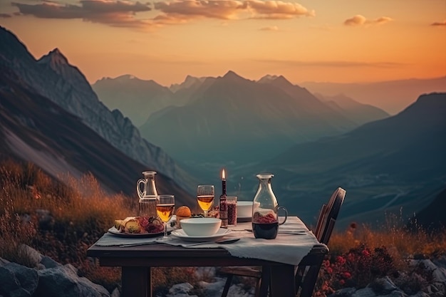 Foto jantar romântico com vista para a montanha ao pôr do sol generative ai