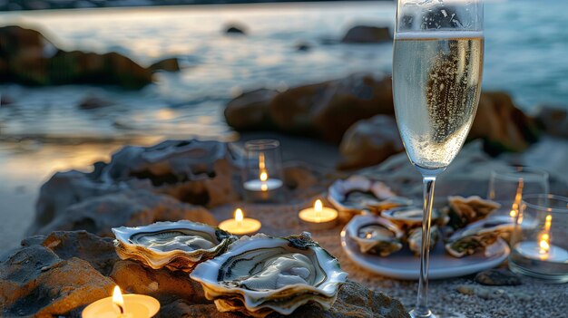 Jantar romântico de frutos do mar com conceito de prato de ostras Desenho de fundo de bandeira