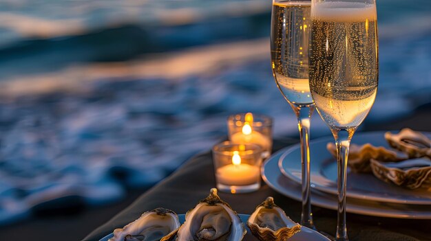 Jantar romântico de frutos do mar com conceito de prato de ostras Desenho de fundo de bandeira