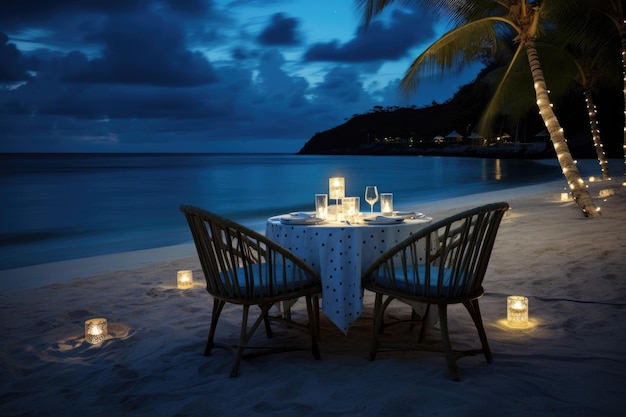 Jantar romântico na praia à noite Koh Samui Tailândia Jantar de luxo com vista para a praia Gerado por IA