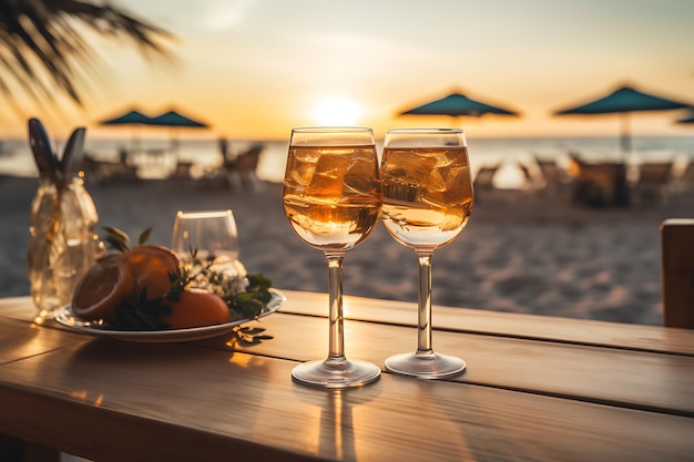 Jantar romântico na praia ao pôr-do-sol Jantar romántico na praia