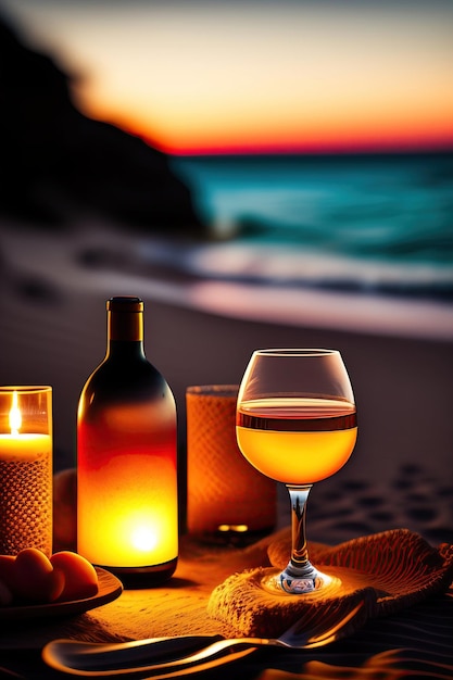 Jantar romântico na praia, vinho, dois copos, jantar, lua-de-mel.