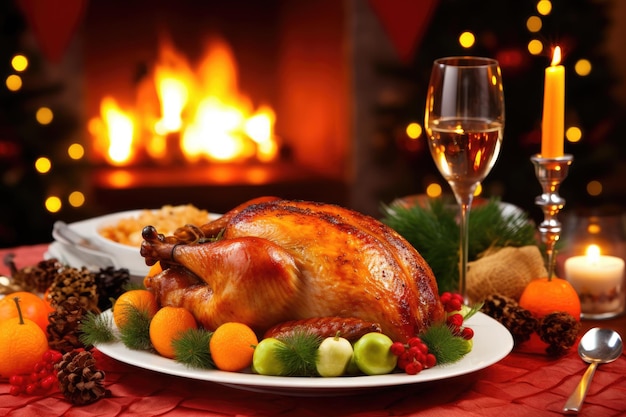 Jantar tradicional de Natal com frango assado peru assado em uma mesa festiva com vinho e velas na frente de uma lareira acesa Véspera de Ano Novo em uma sala aconchegante