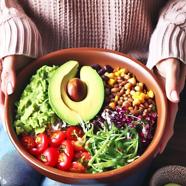 Foto jantar vegetariano saudável mulher de jeans e suéter quente segurando tigela com salada fresca abacate g