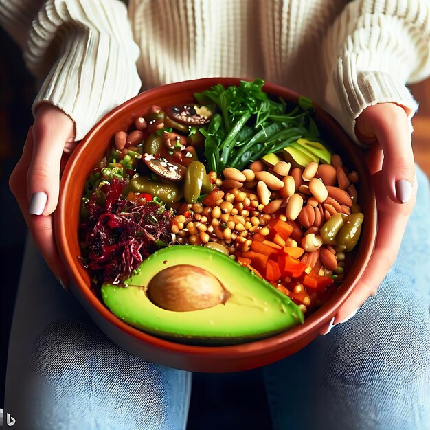 Jantar vegetariano saudável Mulher de jeans e suéter quente segurando tigela com salada fresca abacate g