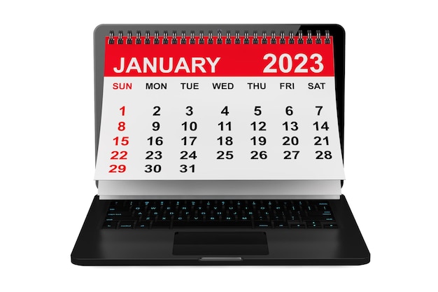 Januar 2023 Kalender über Laptop-Bildschirm 3D-Rendering