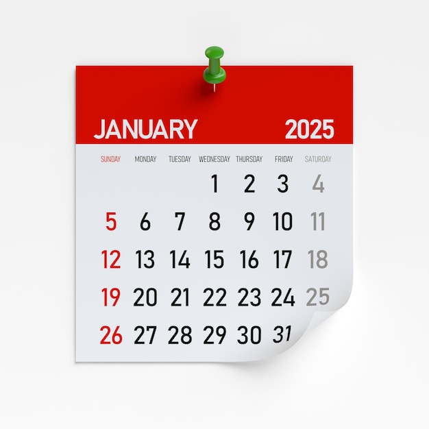 Januar 2025 Kalender isoliert auf weißem Hintergrund 3D-Rendering