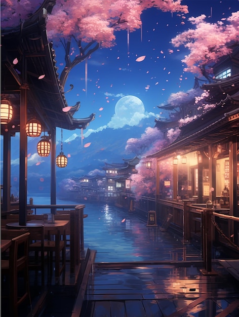 Japan-Fantasy-Szene-Kunst-Wandpapier-Hintergrund