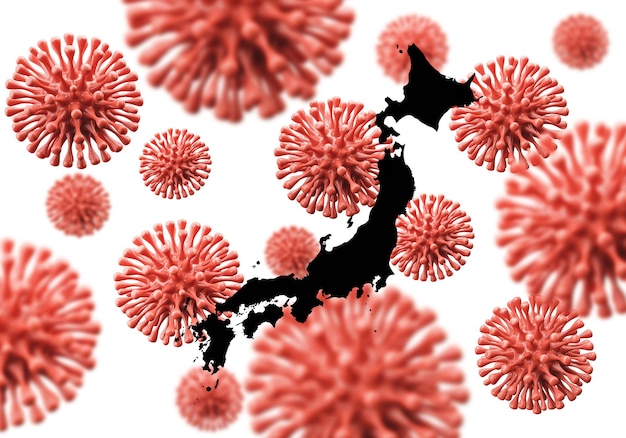 Japan-Karte über einem wissenschaftlichen Virus-Mikroben-Hintergrund d-Rendering