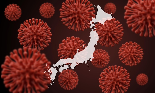 Japan-Karte über einem wissenschaftlichen Virus-Mikroben-Hintergrund d-Rendering