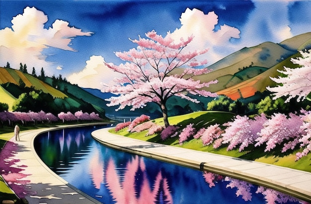 Japan Sakura Festival of Cherry Tree Blossom Explosion AI generierte Landschaft für den Digitaldruck