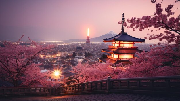 Japan Zen Landschaft Panoramablick Fotografie Sakura Blumen Pagode Frieden Stille Turmwand