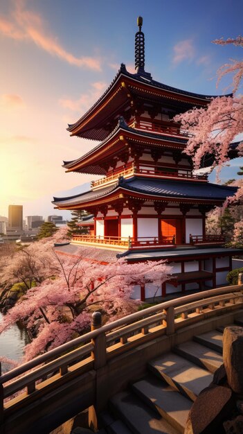 Japan Zen Landschaft Panoramablick Fotografie Sakura Blumen Pagode Frieden Stille Turmwand