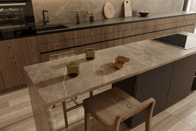 Japandi moderno estilo escandinavo apartamento interior cocina de madera 3d render ilustración