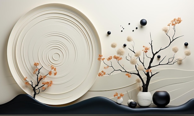 Japandi ruhiger Hintergrund in weißen Farben und minimalen abstrakten Elementen Selektiver weicher Fokus