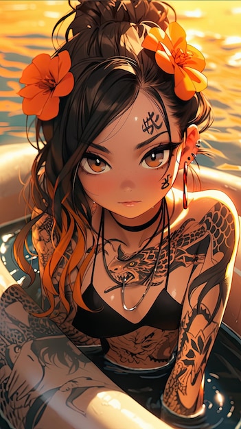 Japanisch inspirierte Tattoo-Girl-animierte Illustrationen mit lebendigen Manga- und hellen Bronzetönen