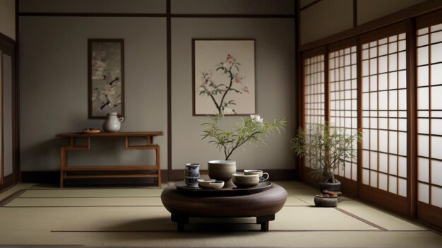 Japanisch inspiriertes minimalistisches Tee-Interieur