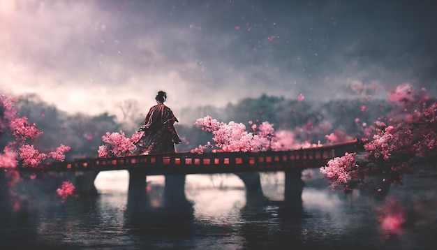 Japanische Fantasy-Landschaft mit Sonnenuntergang Ghost Geisha Silhouette neblig alte Brücke Wasserreflexion Kirschblüte Samurai Schöne japanische Fantasy-Hintergrund 3D-Illustration