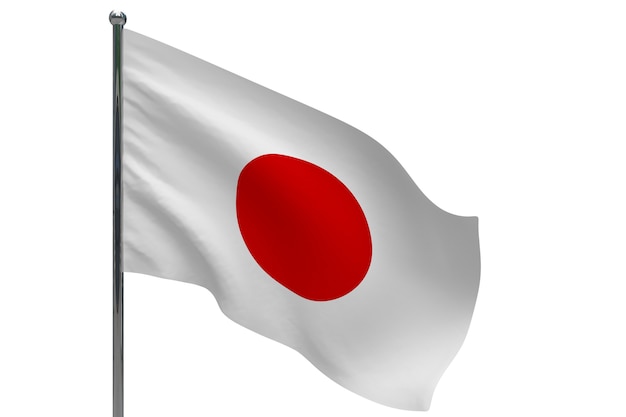 Japanische Flagge auf der Pole. Fahnenmast aus Metall. Nationalflagge von Japan 3D-Illustration auf Weiß