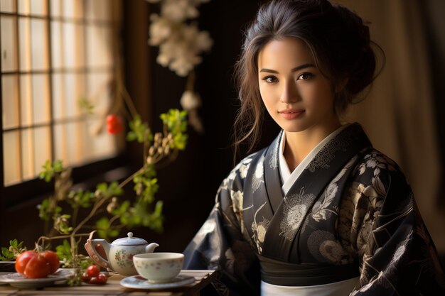 Foto japanische frau in einem kimono, die tee auf einem porzellangeschirr serviert