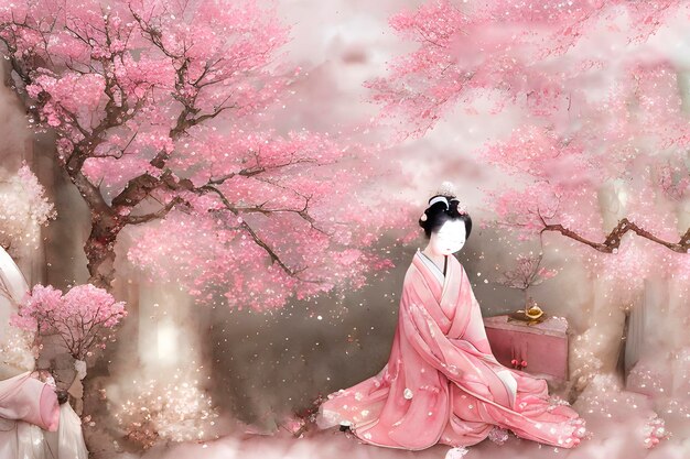 Japanische Geisha in farbenfrohem Seidenpink-Kimono bei Kirschblütenblättern und Baumumgebung