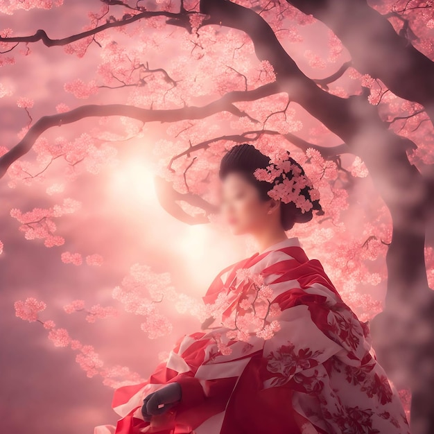 Japanische Geisha in farbenfrohem Seidenpink-Kimono bei Kirschblütenblättern und Baumumgebung
