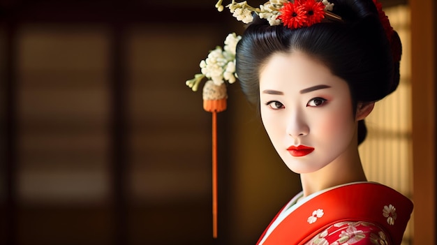 Japanische Geisha in traditionellen Kostümen Nahaufnahme Porträt mit Kopierplatz