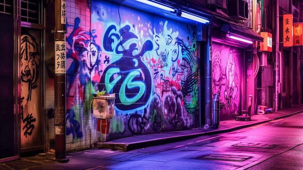 Japanische Graffiti an der Straßenwand, Neonlicht-Straßenkunst bei Nacht, KI-generiert