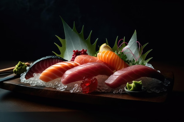 Japanische Küche Platte mit perfekt geschnittenem Sashimi AI generiert