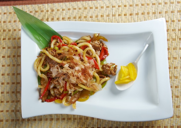 Japanische Küche .udon mit Fleisch und Gemüse