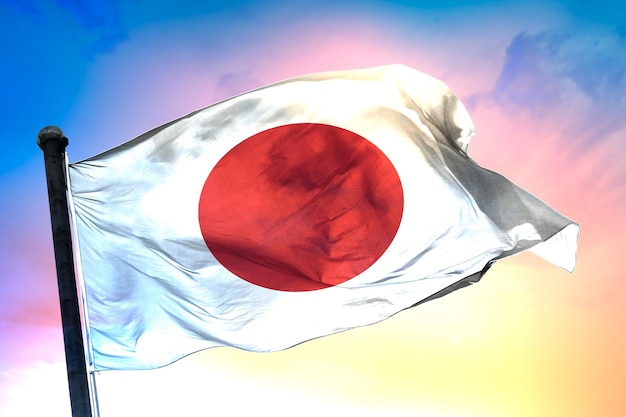 japanische Landesflagge, 3D-Flagge und farbiger Hintergrund.