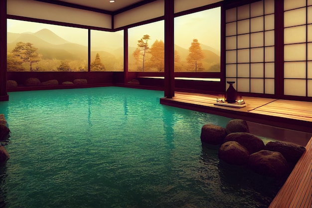 Japanische Landschaft Spa Japanische heiße Quellen alte Architektur 3D-Darstellung 3D-Rendering